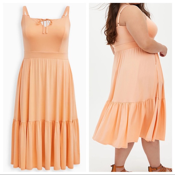 SUPER SOFT PEACH TIE-FRONT TIERED MIDI DRESS - Picture 2 of 8